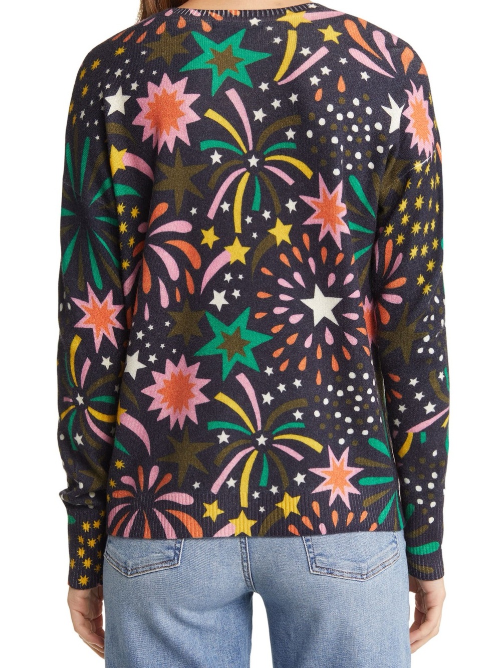 NWOT Boden Black Multi Firework-Print Crewneck Sweater 100% cashmere XL - Picture 2 of 4